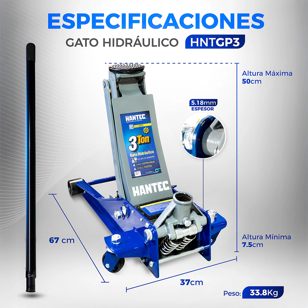Gato Hidráulico de Patín 3 Ton Cama Baja HANTEC - Imagen 6