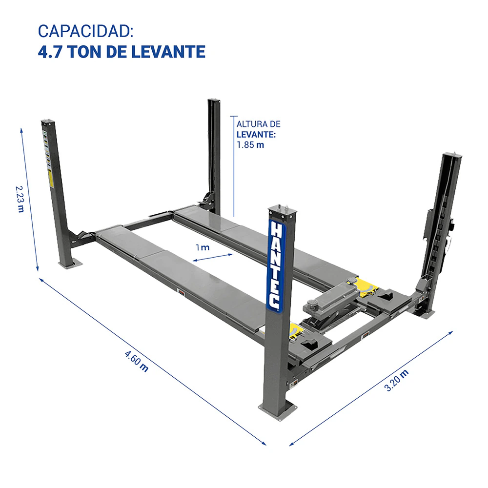 Rampa 4 Postes Alineación 10,500 lbs con Rolling Jack 220V Gris HANTEC - Imagen 3