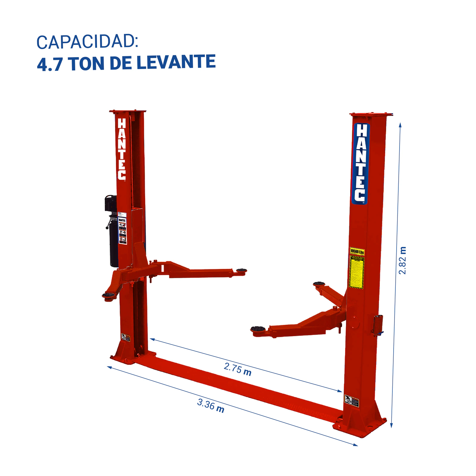 Rampa 2 Postes 10,500 lbs sin Portería Roja 220V HANTEC - Imagen 3