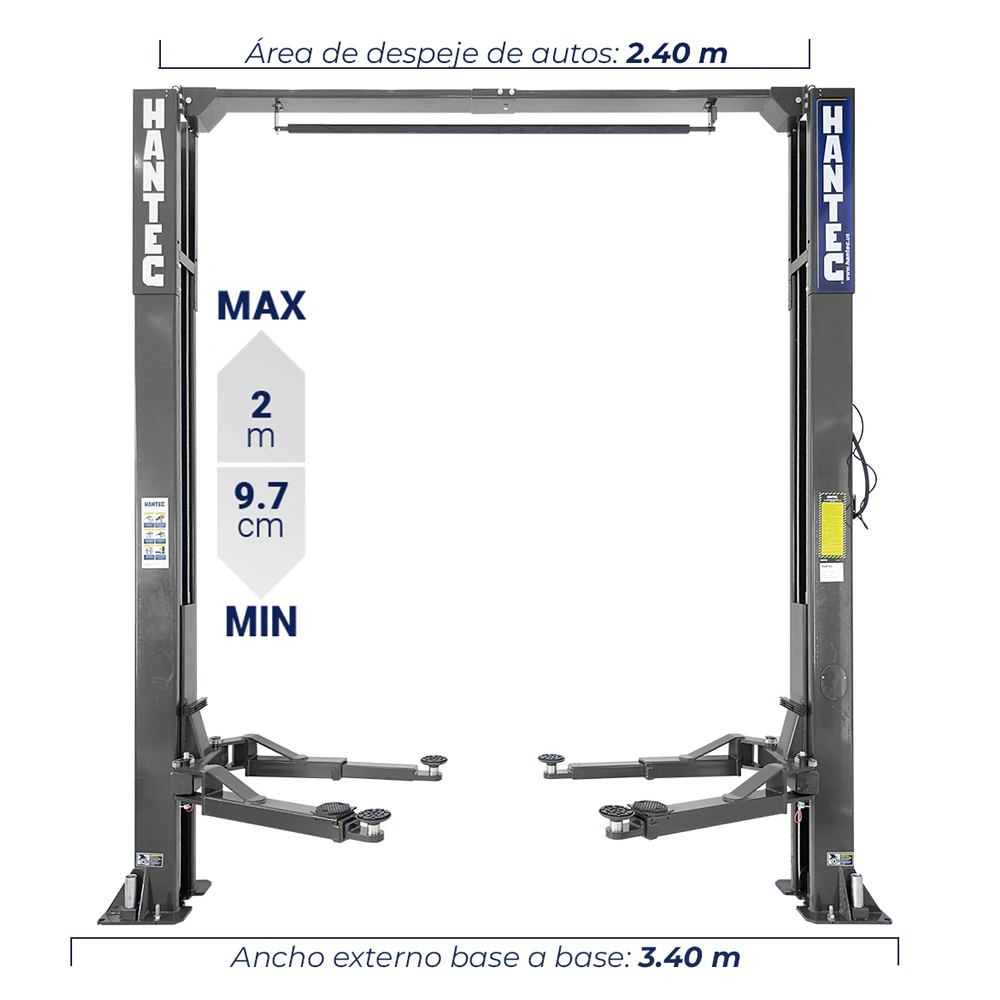 Rampa 2 Postes Simétrica 10,500 lbs con Portería Gris 220V HANTEC - Imagen 4
