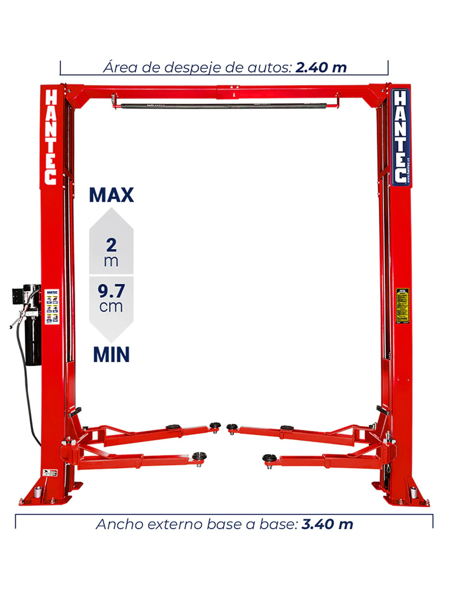 Rampa 2 Postes Simétrica 10,500 lbs con Portería Roja 220V HANTEC - Imagen 4