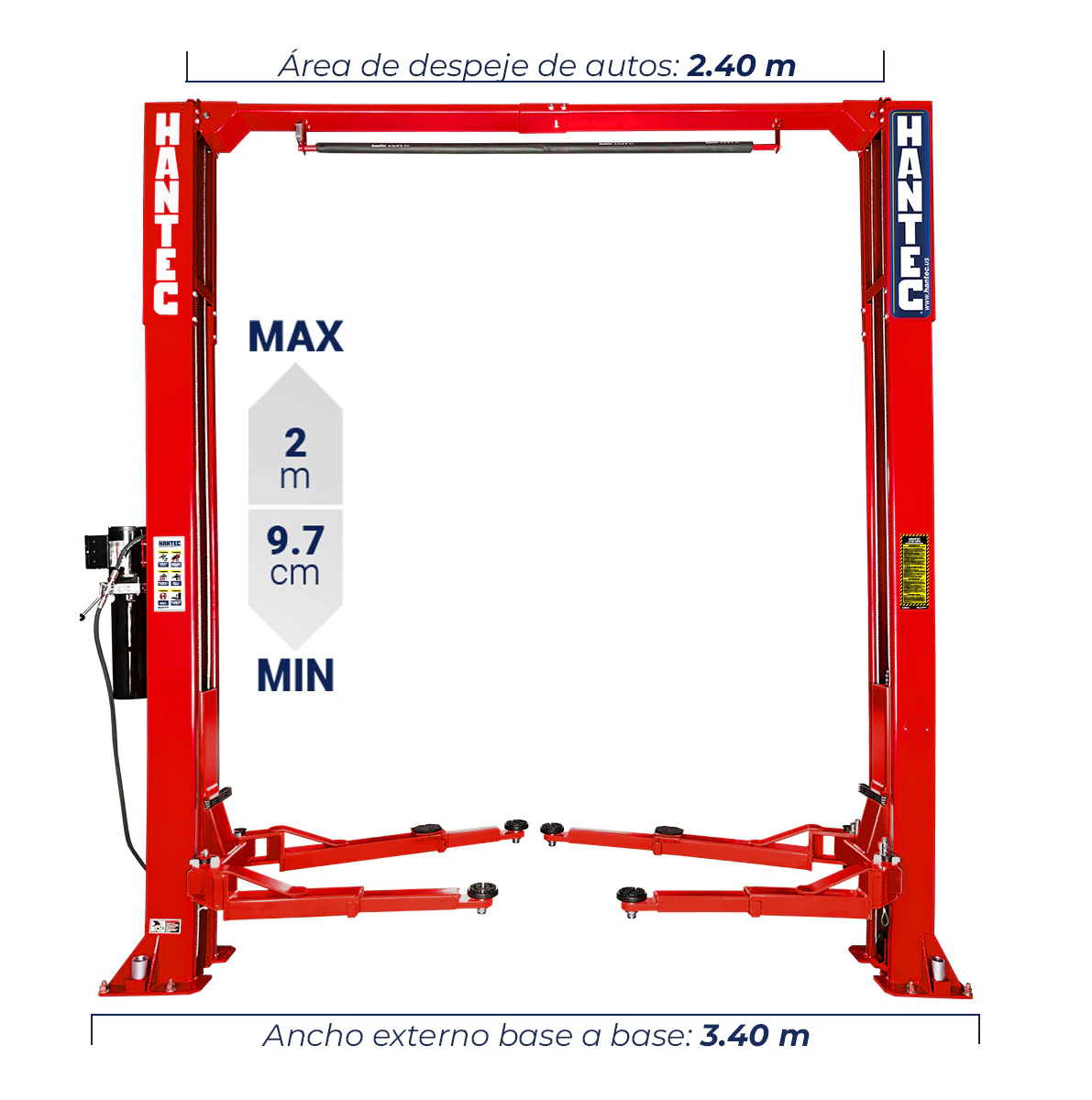 Rampa 2 Postes Simétrica 10,500 lbs con Portería Roja 110V HANTEC - Imagen 4