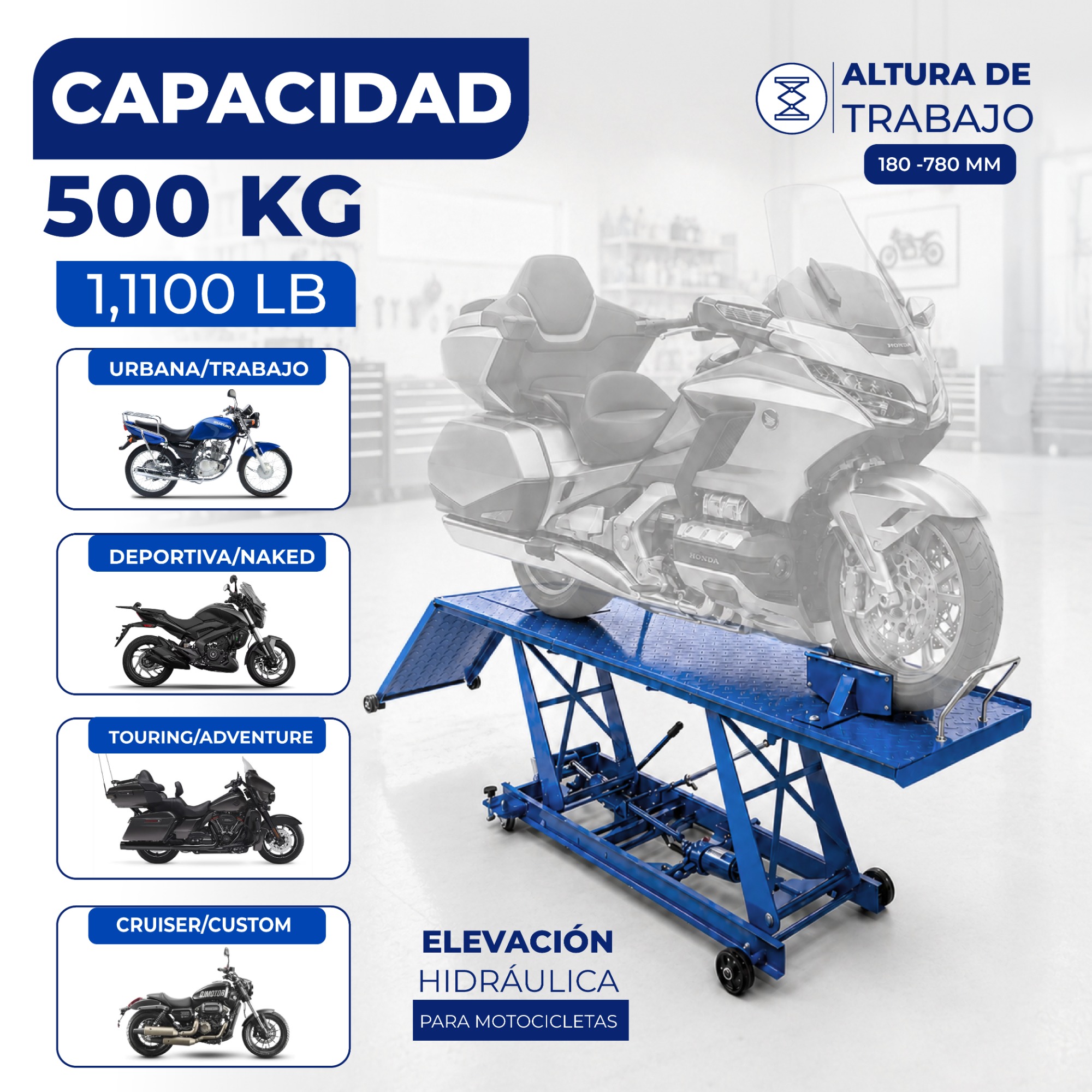 Rampa Hidráulica para Motocicletas 500 kg (1,100 lb) HANTEC - Imagen 7